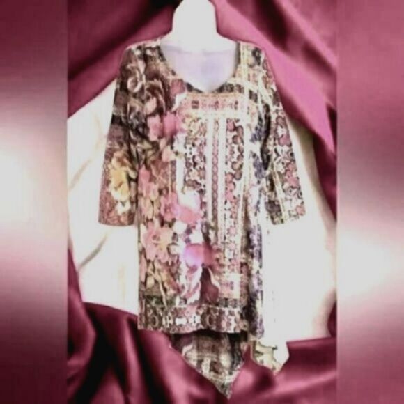 ONE WOR   TUNIC/TOP Printed Knit 3/4 Sleeved ASYMMETRICAL Embellished Sz MEDIUM - Picture 5 of 16